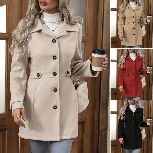 Elegant Single-Breasted Woolen Coat Buttons Lapel Mid-Length Jacket Temperament Commuter Outwear Clothing for Women