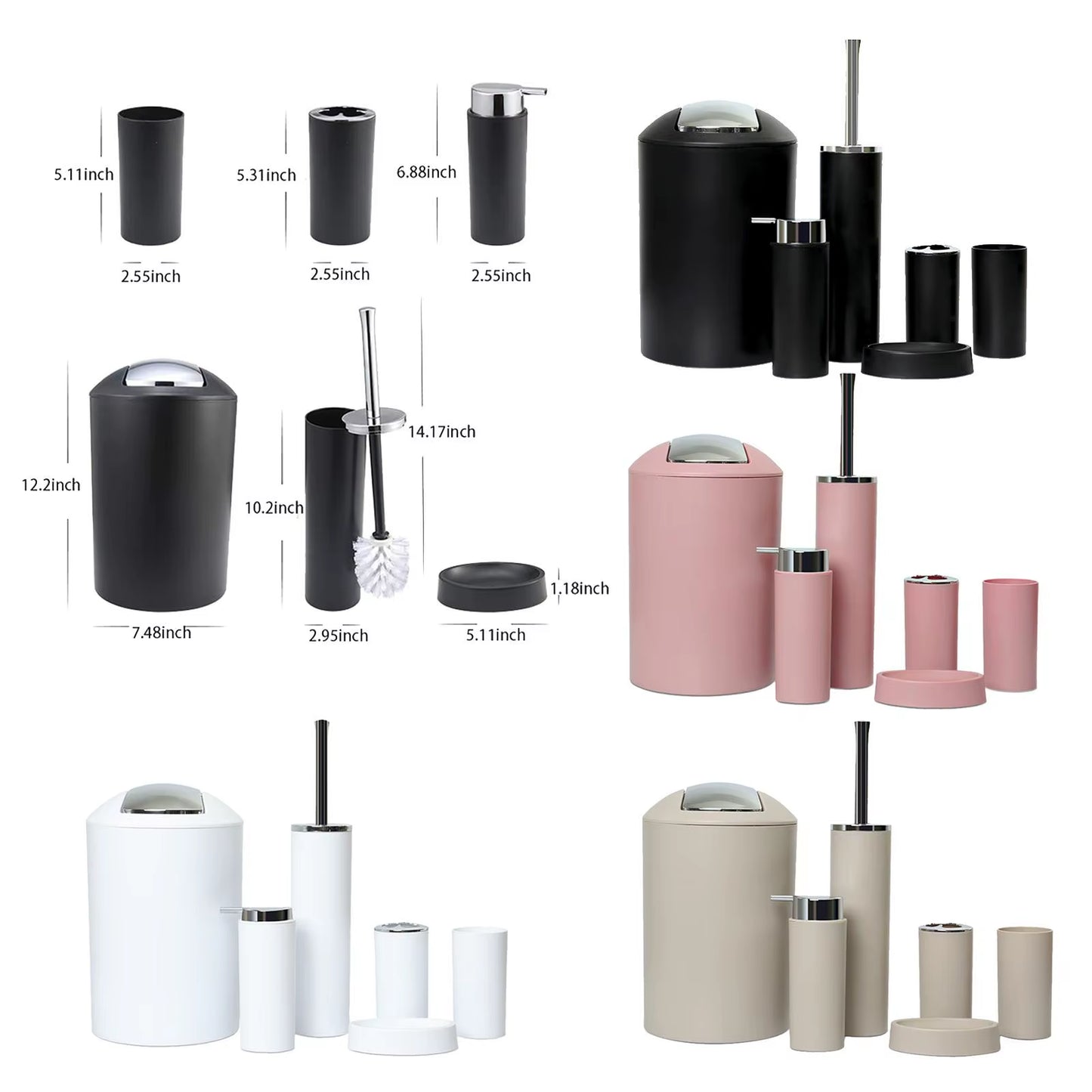Bathroom Accessory Set 6 Pieces with Trash Can Pink Plastic Soap Dispenser and Toothbrush Holder for Apartment Essentials