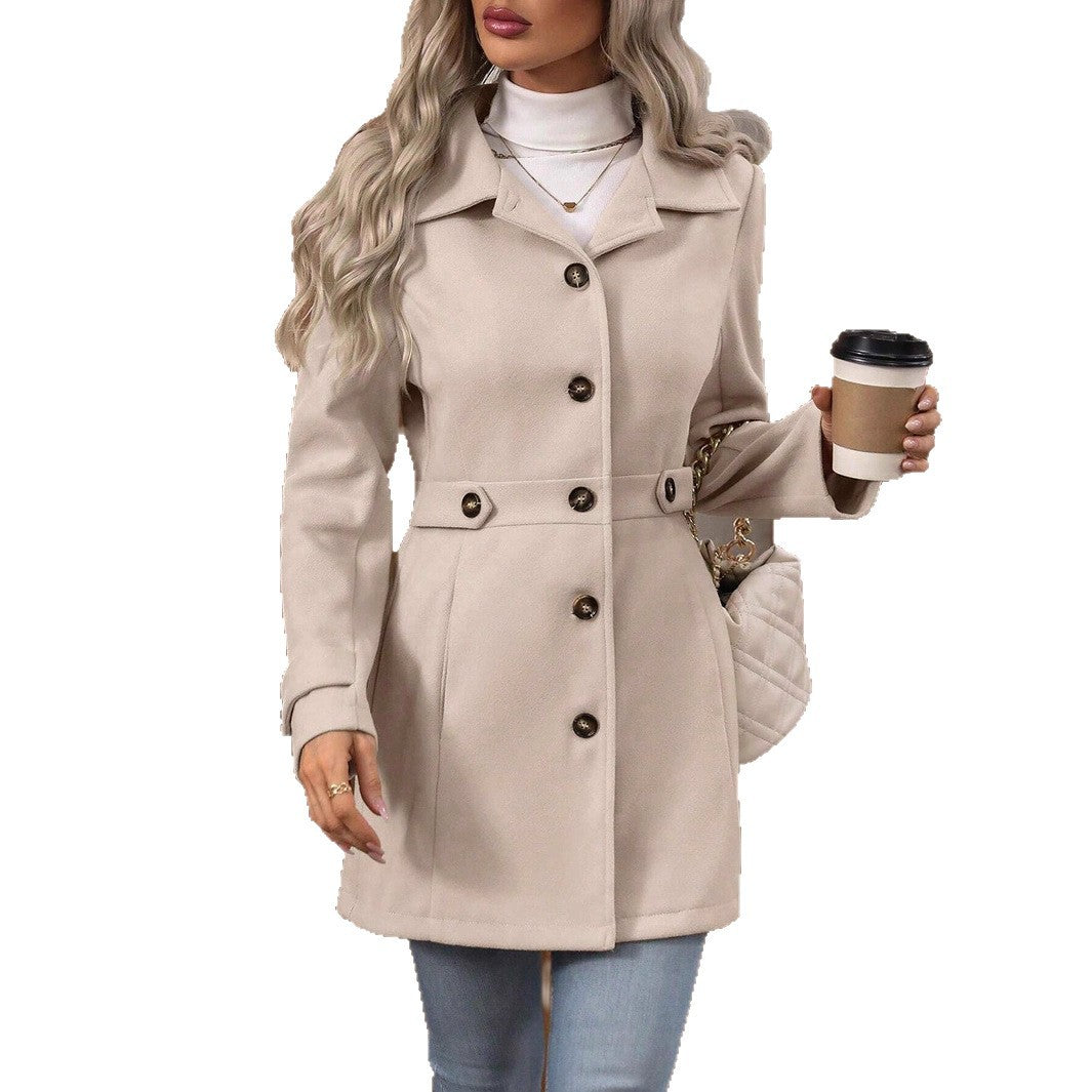 Elegant Single-Breasted Woolen Coat Buttons Lapel Mid-Length Jacket Temperament Commuter Outwear Clothing for Women
