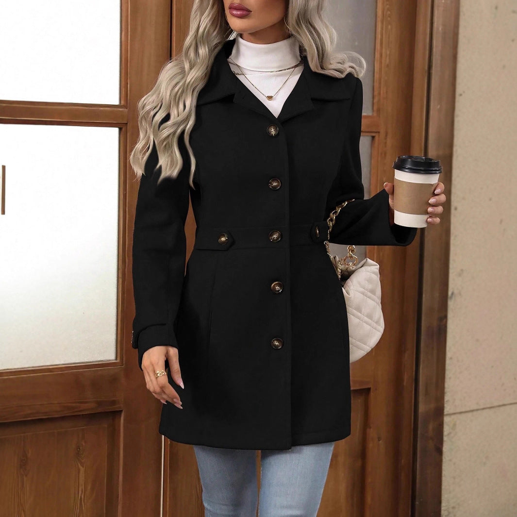 Elegant Single-Breasted Woolen Coat Buttons Lapel Mid-Length Jacket Temperament Commuter Outwear Clothing for Women