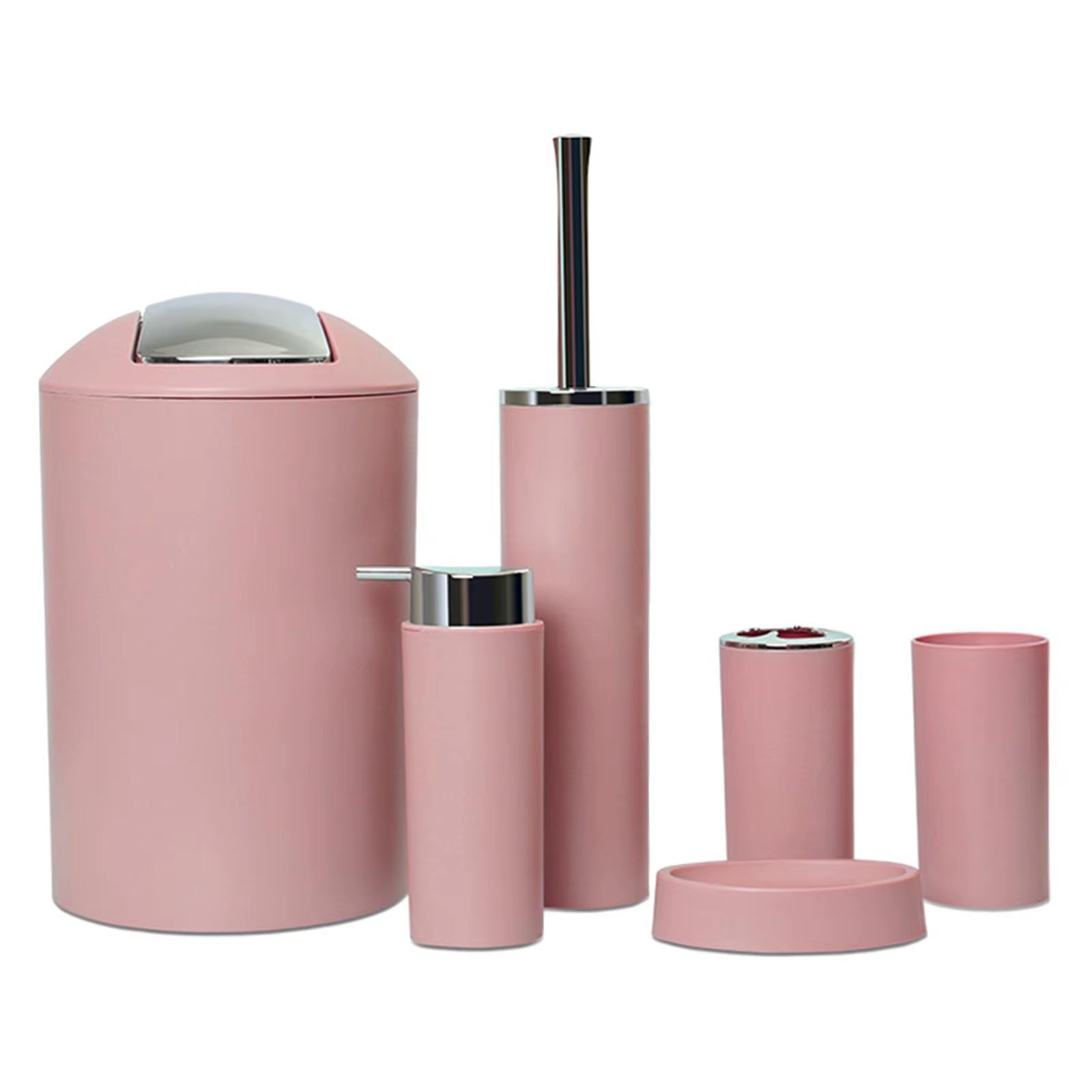 Bathroom Accessory Set 6 Pieces with Trash Can Pink Plastic Soap Dispenser and Toothbrush Holder for Apartment Essentials