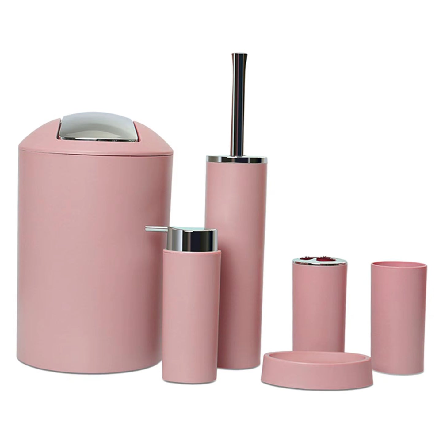 Bathroom Accessory Set 6 Pieces with Trash Can Pink Plastic Soap Dispenser and Toothbrush Holder for Apartment Essentials