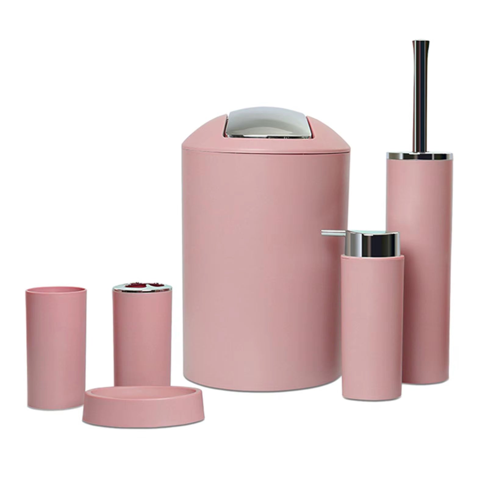 Bathroom Accessory Set 6 Pieces with Trash Can Pink Plastic Soap Dispenser and Toothbrush Holder for Apartment Essentials