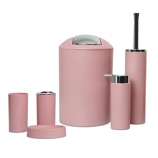 Bathroom Accessory Set 6 Pieces with Trash Can Pink Plastic Soap Dispenser and Toothbrush Holder for Apartment Essentials