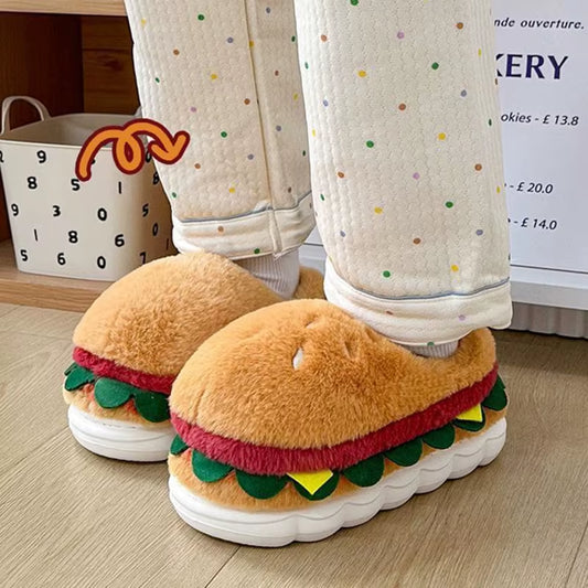 Funny Cartoon Burger Thick Bottom Indoor Slippers Cute Simulated Food Warm Plush Home Slippers Comfort Woman'S plus Size Slides