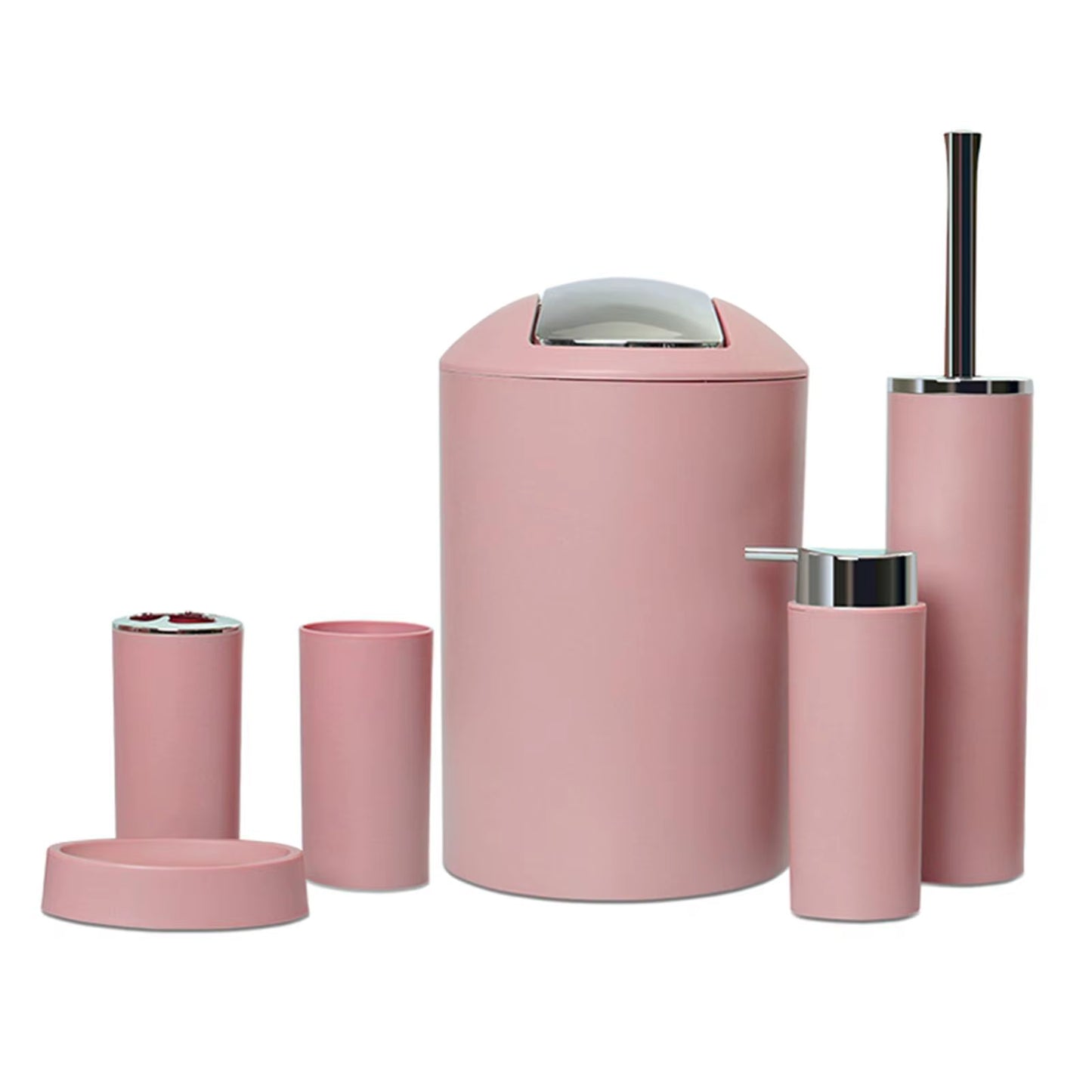 Bathroom Accessory Set 6 Pieces with Trash Can Pink Plastic Soap Dispenser and Toothbrush Holder for Apartment Essentials