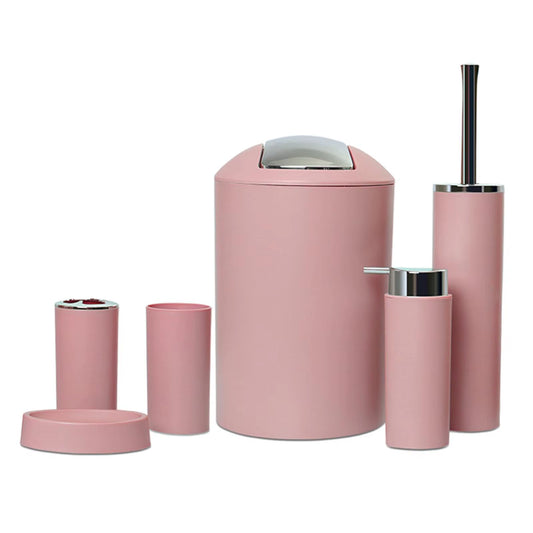 Bathroom Accessory Set 6 Pieces with Trash Can Pink Plastic Soap Dispenser and Toothbrush Holder for Apartment Essentials