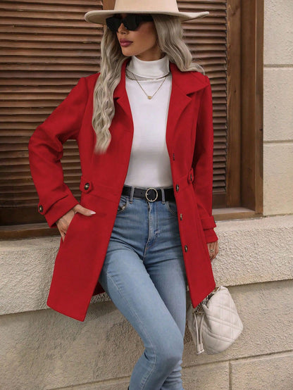 Elegant Single-Breasted Woolen Coat Buttons Lapel Mid-Length Jacket Temperament Commuter Outwear Clothing for Women